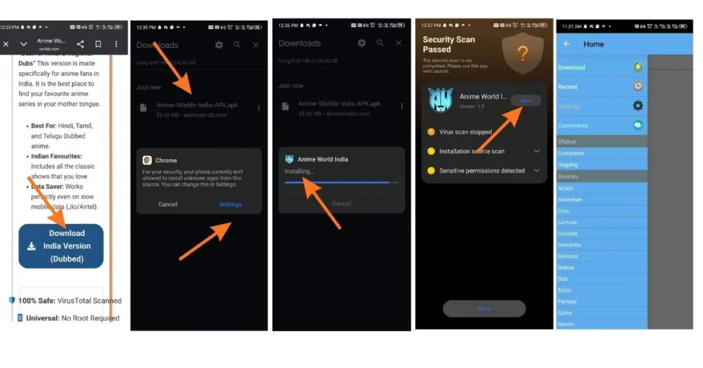 Android Security Scan Passed notification for Anime World India APK